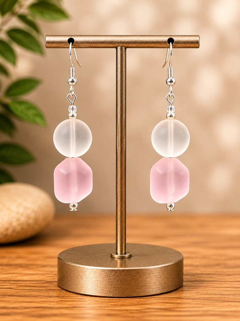 White & Pink Sea Glass Drop Earrings | Handmade - Picture 3 of 6